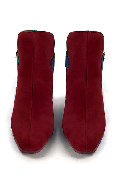 Burgundy red, tan beige and navy blue women's ankle boots with buckles at the back. Square toe. Medium block heels. Top view - Florence KOOIJMAN